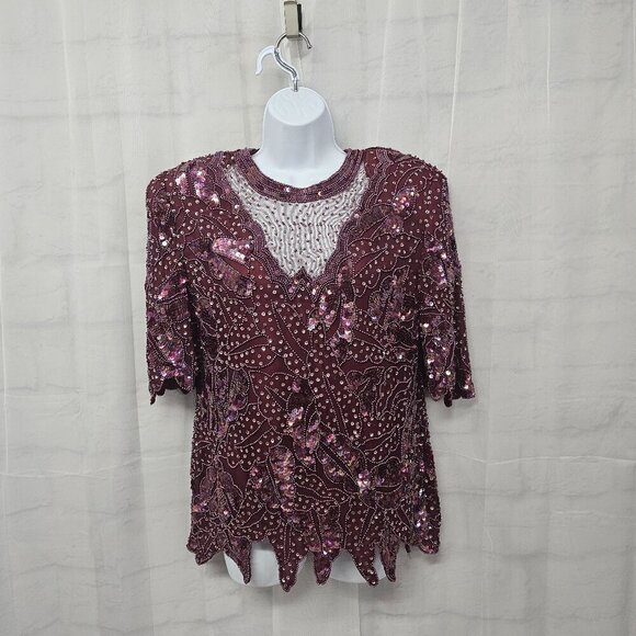 Creative Touch Tops - Vintage Creative Touch Plum Beaded Sequin Shark Bite Silk Disco Formal Blouse M